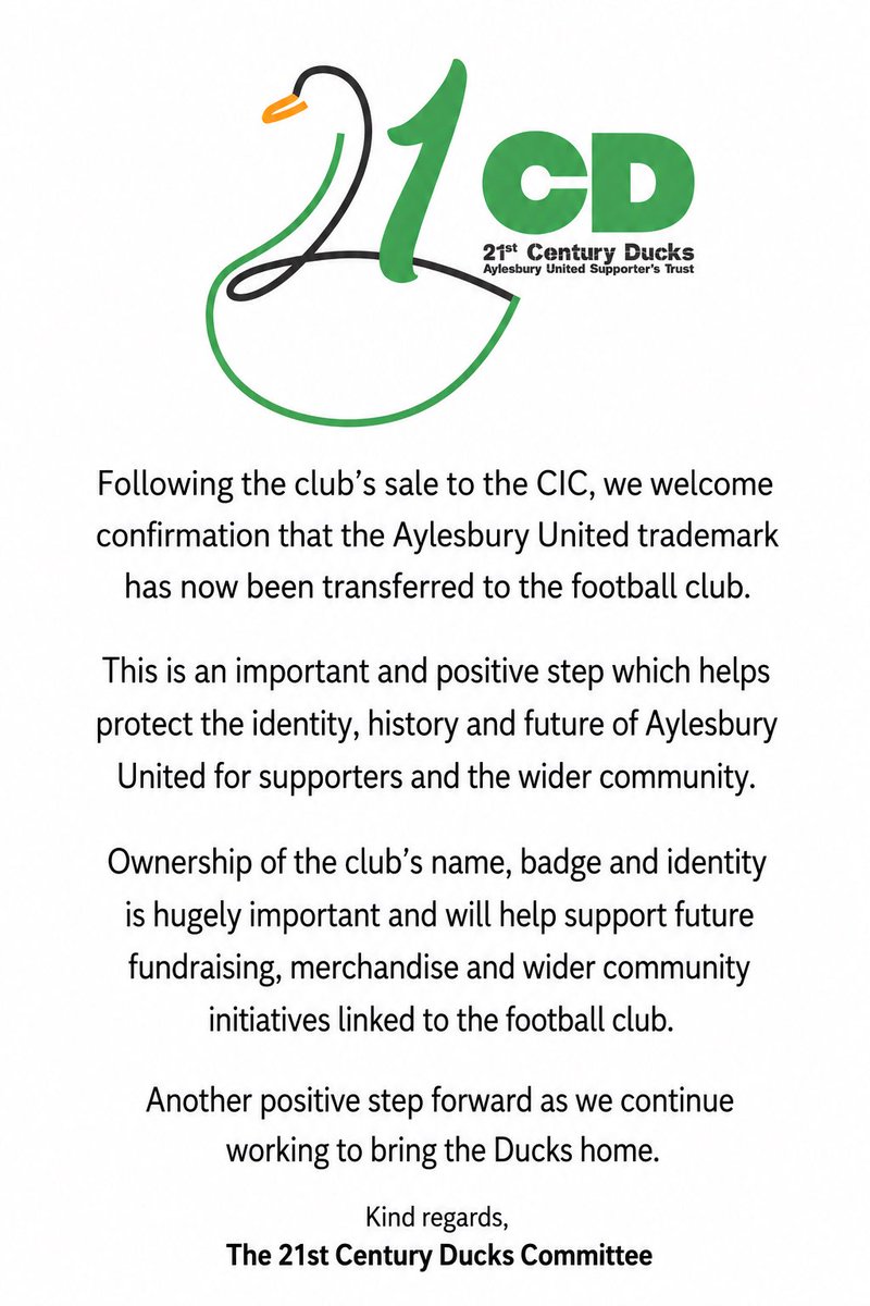21DucksTrust's tweet photo. We welcome confirmation that the @AylesburyUtdFC trademark has now been transferred back to the football club following the sale to the CIC.

Another important and positive step forward as we continue working to bring the Ducks home. 💚🦆

#COYD https://t.co/xm5YUttJ7f
