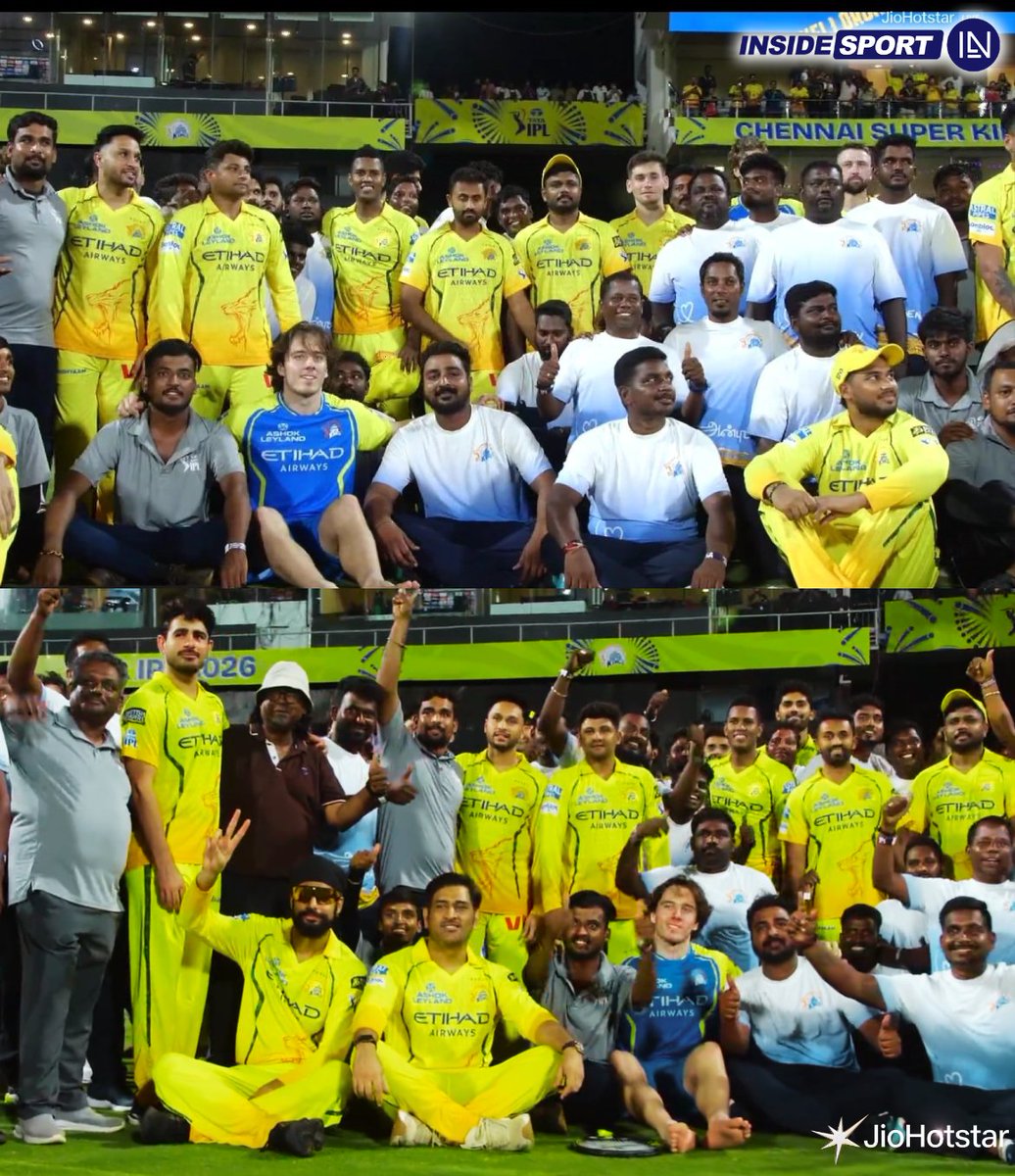 InsideSportIND's tweet photo. Chennai Super Kings showing appreciation to the heroes behind the scenes 💛

📸: JioHotstar

#IPL2026 #Chepauk #MSDhoni #ChennaiSuperKings #CricketTwitter https://t.co/1OIEyliqiM
