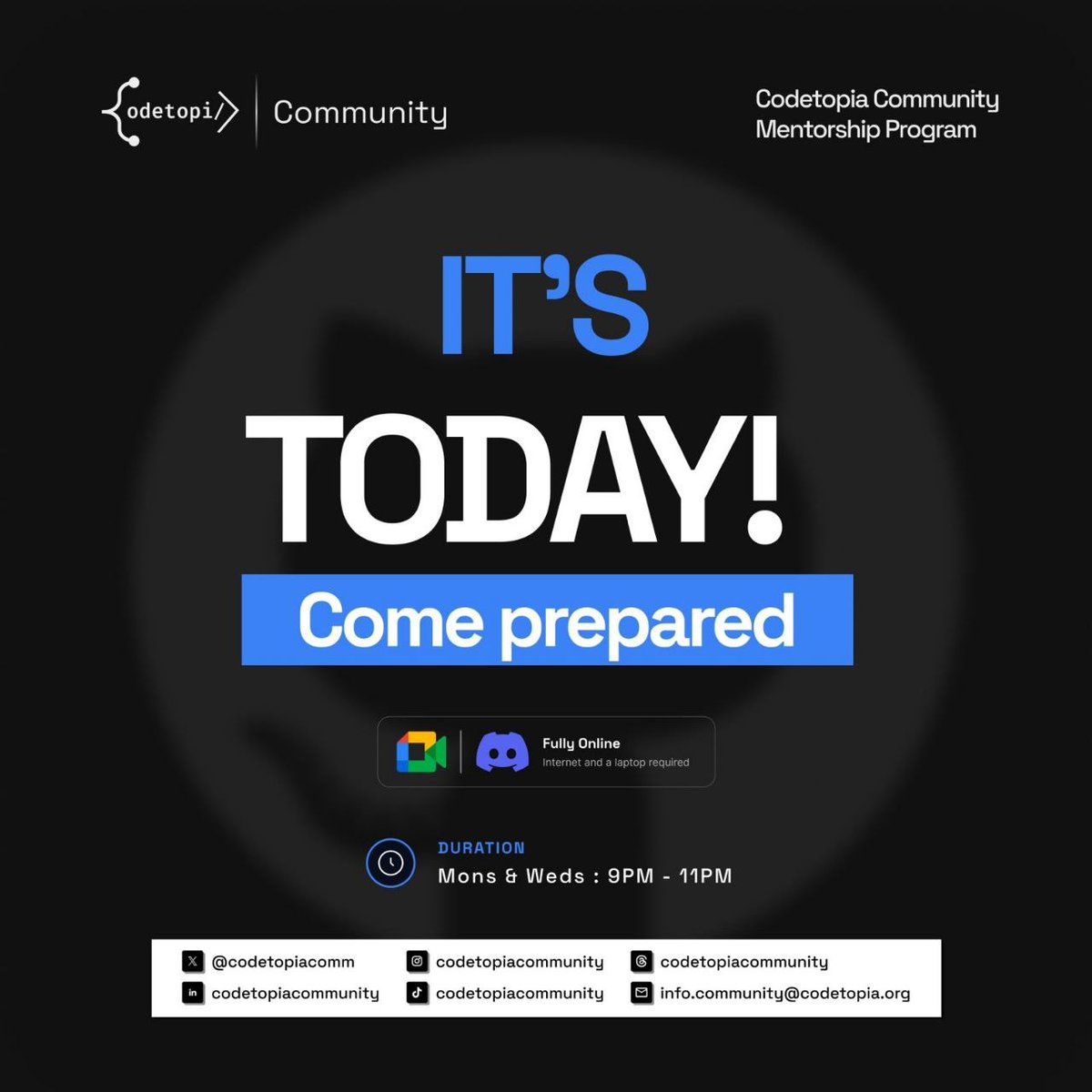 codetopiacomm's tweet photo. It’s happening TODAY 
The Codetopia Community Mentorship Program kicks off tonight!   
Bring your laptop, your questions, and come prepared to build.   
 
Mons &amp; Weds | 9PM - 11PM  
Fully online via Meet  
See you there!

#CodetopiaCommunity #Git #GitHub #MentorshipProgram https://t.co/VtBxZKEp0d