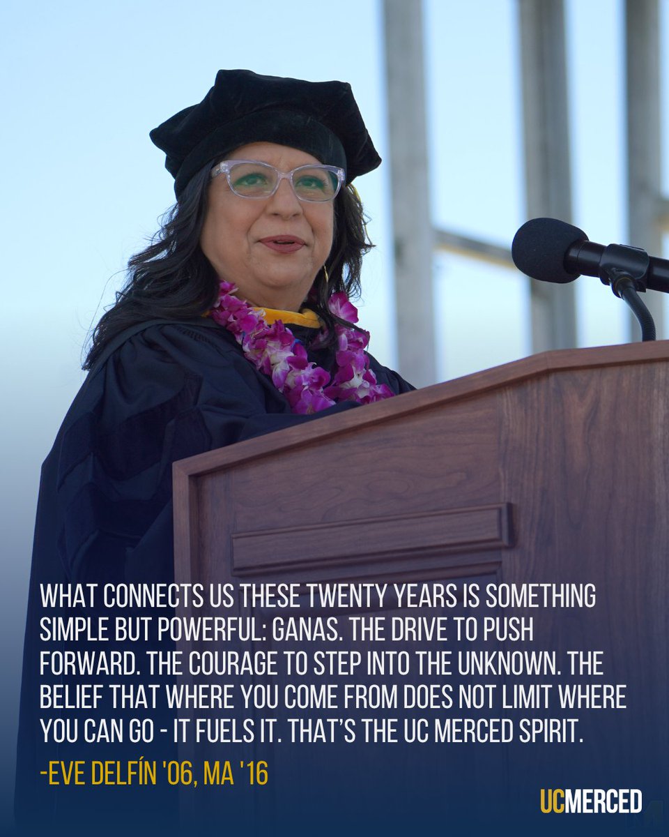 ucmerced's tweet photo. In 2006, Eve Delfin was one of just three graduates in UC Merced’s very first graduating class 🎓

Twenty years later, she returned to welcome more than 1,600 undergraduates in the Class of 2026 into the Bobcat alumni family 💙🐾 https://t.co/ApInqNVxJV