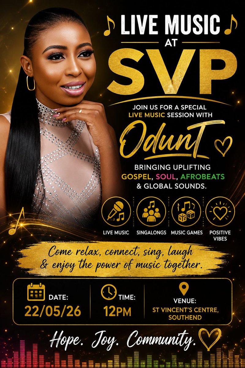 StSouthend's tweet photo. 🎶 Join Us for Live Music at SVP! 🎶

We are so excited to welcome OdunT at St Vincent's Centre this Friday 22nd May at 12pm for a special live music session filled with uplifting Gospel, Soul, Afrobeats and global sounds.
Live music. Singalongs. Positive vibes.

All are welcome! https://t.co/vbmIXWBQox
