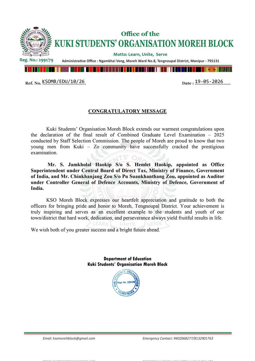 ksomorehblock's tweet photo. CONGRATULATORY MESSAGE

19-05-2026 | Moreh

KSO Moreh Block extends our warmest congratulations to Mr. S. Jamkholal Haokip and Mr. Chinkhanjang Zou for their successfully cracked the prestigious CGL Examinations - 2026 which was conducted by Staff Selection Commission (SSC). https://t.co/GcxR7NnjVv