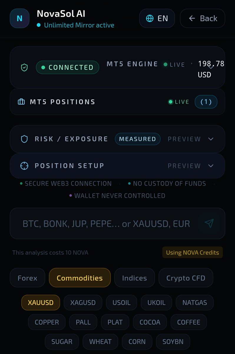 AiNovasol's tweet photo. NovaSol AI • MT5 Live Update

Engine connected • Risk Engine active on Gold • Live positions running

Web3 (Phantom/Jupiter) + TradFi (MT5) in the same system.

Human validation first. Always.

Progress step by step.

#MT5 #Gold #NovaSolAI https://t.co/36hJflaDGG