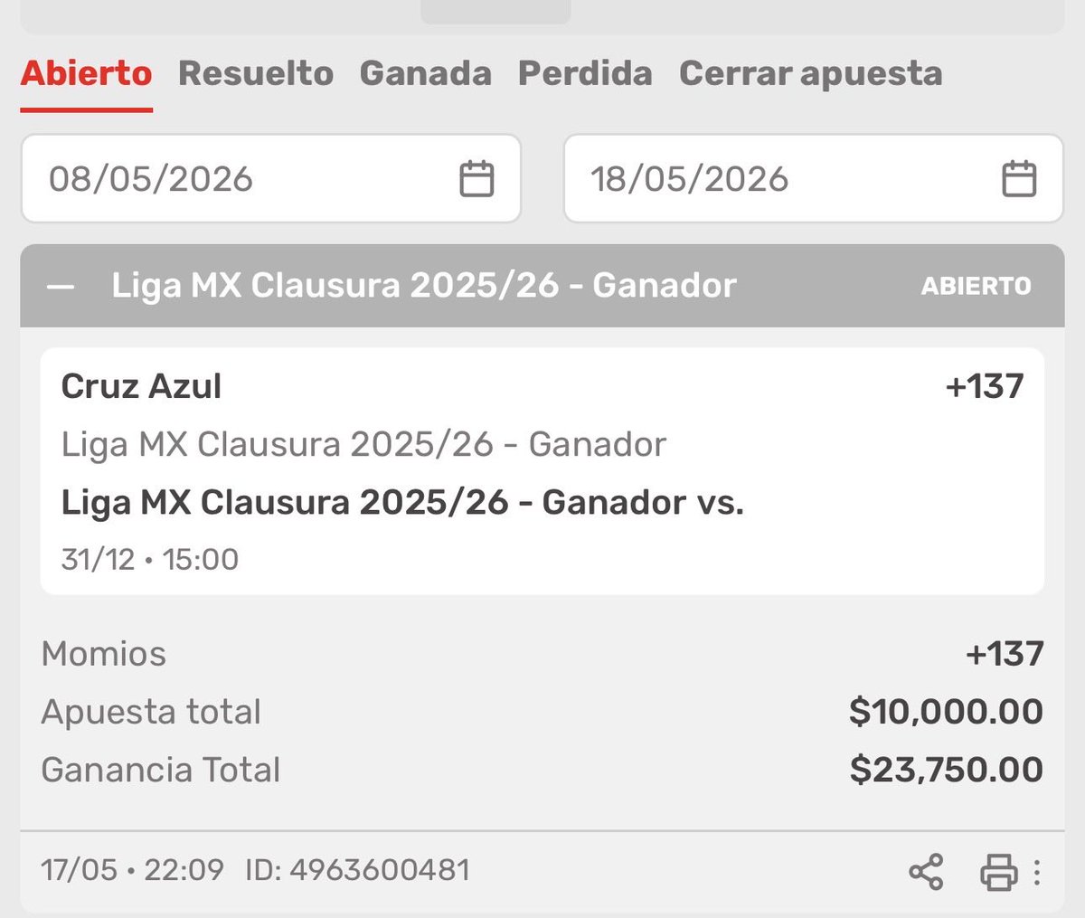 JMoraAKD's tweet photo. .@PlayDoitMexico Su soporte me congeló $10k del ticket ID: 4963000481 de la Liga MX Clausura 2026. Dicen q el torneo se juega en diciembre (un Clausura termina en mayo). Su plataforma tiene un error de sistema obvio y retienen mis fondos. @Profeco @SEGOB_mx solución ya. https://t.co/Sh69tKPEvl