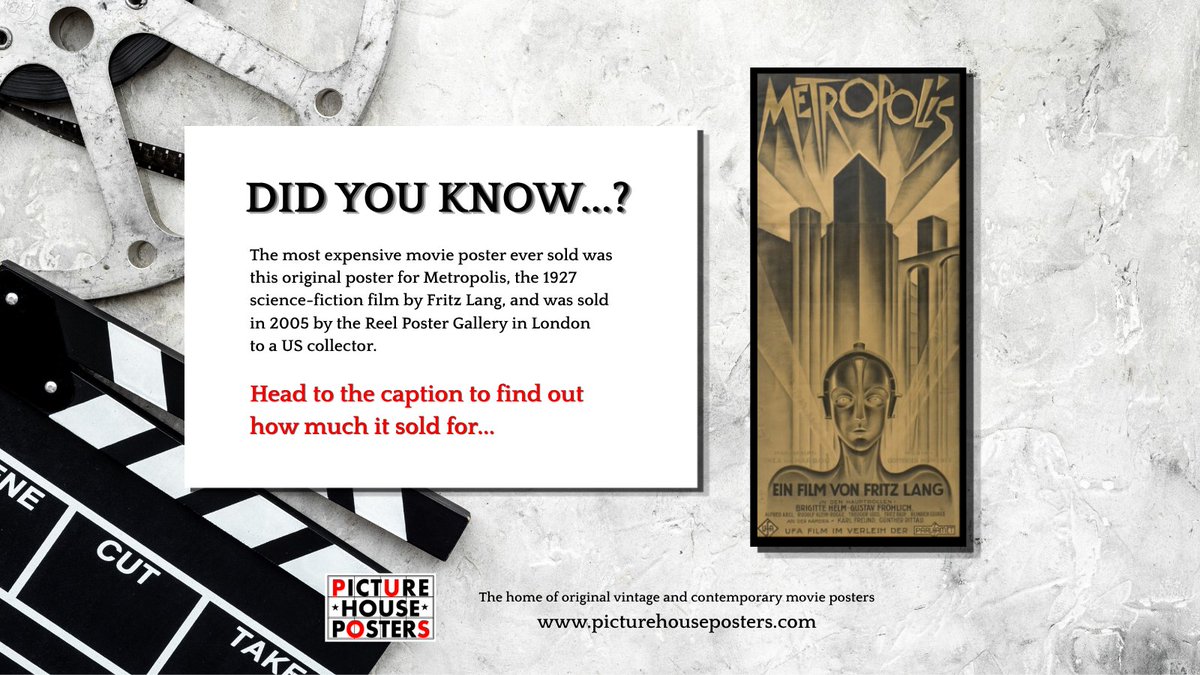 HousePosters's tweet photo. An original poster for Metropolis, a sci-fi film by Fritz Lang, was sold in London UK, to a US collector for £393,300 on 15 Nov 2005, one of only four copies known to exist. 
Check out our variants of Metropolis at -
https://t.co/4p6IMlbSTv https://t.co/XbQgBwscWb