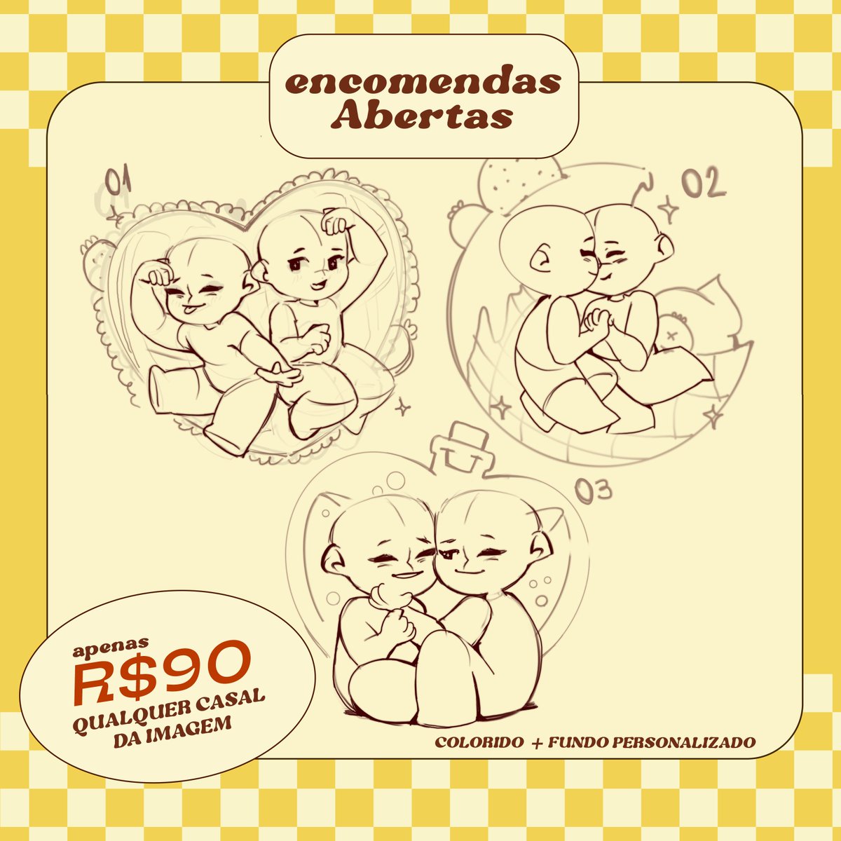 jaehwngs's tweet photo. 💖ENCOMENDAS DIA DOS NAMORADOS💖

Oi oi mores, estou abrindo vagas pra casalzinho ych, podendo ser qualquer um da imagem! Além de ser um desenho completinho, você pode escolher os elementos do fundo :)  

Por enquanto serão 5 slots ✨ https://t.co/o4rQtKytzO