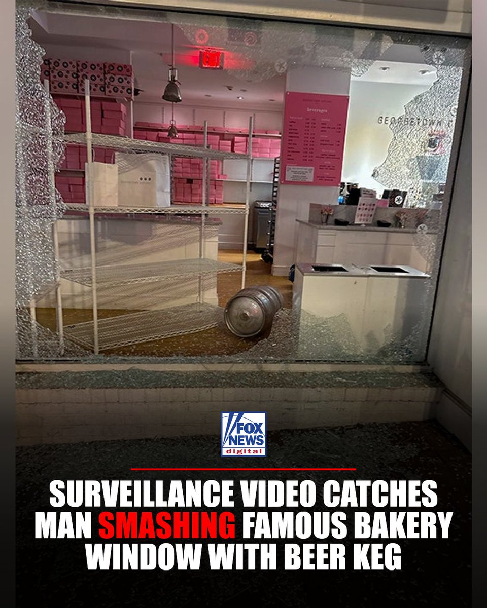 FoxUSNews's tweet photo. KEG TOSS: That’s one way to break into the dessert business.

Surveillance video captured a man hoisting a beer keg over his head and hurling it through the front window of Georgetown Cupcake in Washington. The owners — sisters who starred on Discovery's 'DC Cupcakes' — say employees were inside at the time and could have been seriously injured. They're now asking the public to help identify the suspect.