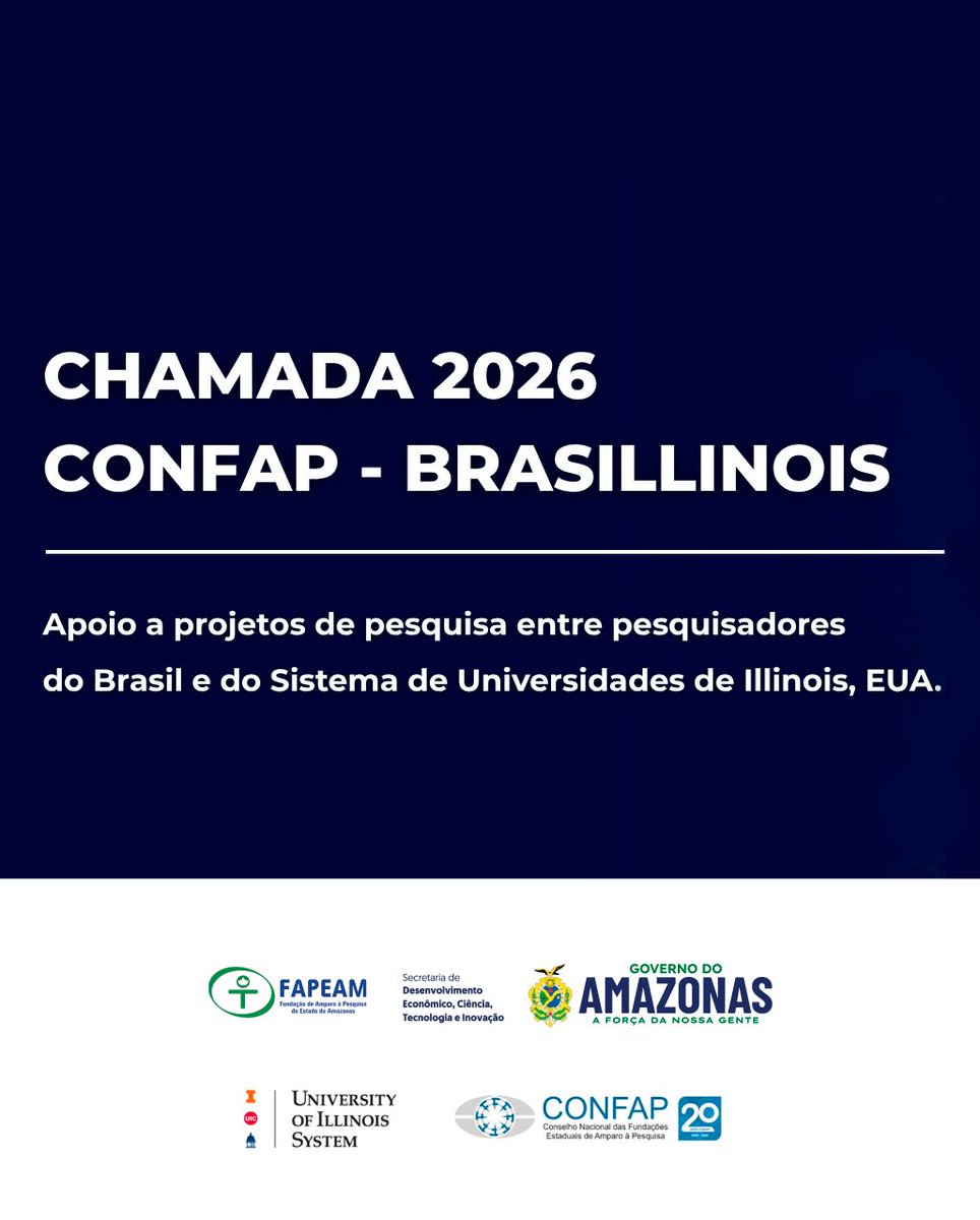 fapeam's tweet photo. 💻📑 A Fundação de Amparo à Pesquisa do Estado do Amazonas (Fapeam) publicou, nesta segunda (18/05), as diretrizes específicas complementares Programa de Mobilidade Brasillinois - Chamada CONFAP–Brasillinois 2026, edital n.º 021/2026.

📲 Saiba mais em: https://t.co/lQI9D58ADT https://t.co/ouxva66rYu