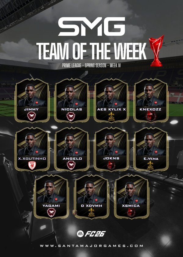 SMG_TheGame's tweet photo. 🏆SMG PRIME (L1) - SPRING SEASON 
🗓️ Week IV
 
📊 Classement 
⚽ TOTW 
👔 MOTW | Manager Of The Week 

Hosted By @SMG_TheGame
https://t.co/a6DAOw7rrY https://t.co/wfnWeTv2rA
