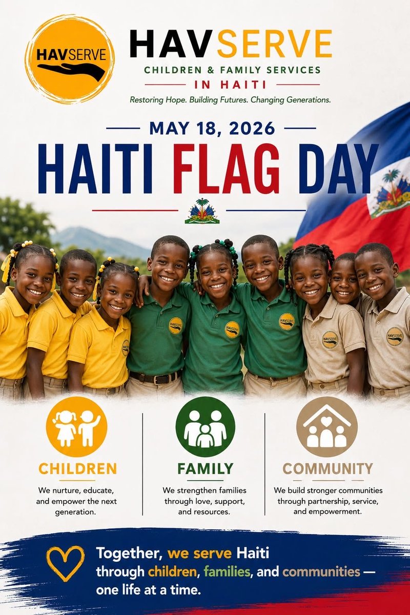 HavServe's tweet photo. 🇭🇹 May 18, 2026 — Haiti Flag Day 🇭🇹
At HavServe Children &amp; Family Services, we honor Haiti by serving its people with love, unity, and purpose.
Together, we serve Haiti. ❤️💙

#HaitiFlagDay #HavServe #ServeHaiti #Haiti #CommunityService #Haiti1804 https://t.co/ayCed0CtHX