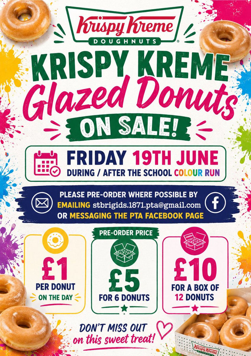 StBrigidsPTA's tweet photo. along side our colour run our donut sale is back. Pre Order over on our Facebook page or email us. Details on poster @nlcstbrigid https://t.co/Zt6jlqXLQW