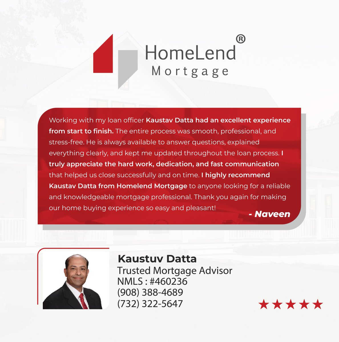 HomeLendMTG's tweet photo. Smooth process. Fast communication. Trusted guidance.

Thank you Naveen for trusting Kaustav Datta and HomeLend Mortgage throughout your homebuying journey!

https://t.co/qBb0E6i9RZ https://t.co/fvmX2JQG04