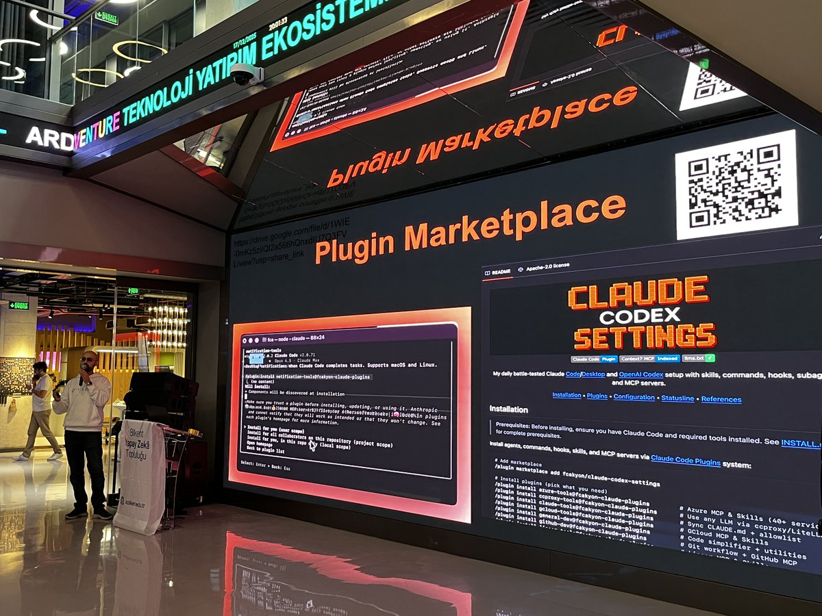 fcakyon's tweet photo. Claude Code'un geliştiricisi Ankara meetup'ımızda ekranını paylaştığında, eş zamanlı çalıştırdığı session sayısı herkesi şaşırttı. Cevap ekteki videoda 😅

Aynı meetup'ta her gün @Ultralytics'te kullandığım plugin marketplace üzerine bir konuşma yaptım: claude-codex-settings. O günden bu yana GitHub'da 700 yıldızı geçti ve yalnızca son 14 günde 3000'den fazla indirme aldı!

İçinde neler var:
- daha iyi context sıkıştırma ve session takibi için gizli configler
- @ultralytics'teki tam zamanlı YOLO işimde her gün kullandığım hook ve skill'ler
- Hetzner, Dokploy, GitHub, Overleaf ve daha fazlası için hazır skill'ler
- Claude Code, Cursor, Codex CLI ve Gemini CLI ile uyumlu

Klonlamak, incelemek isteyen için: https://t.co/47CCZ1aort