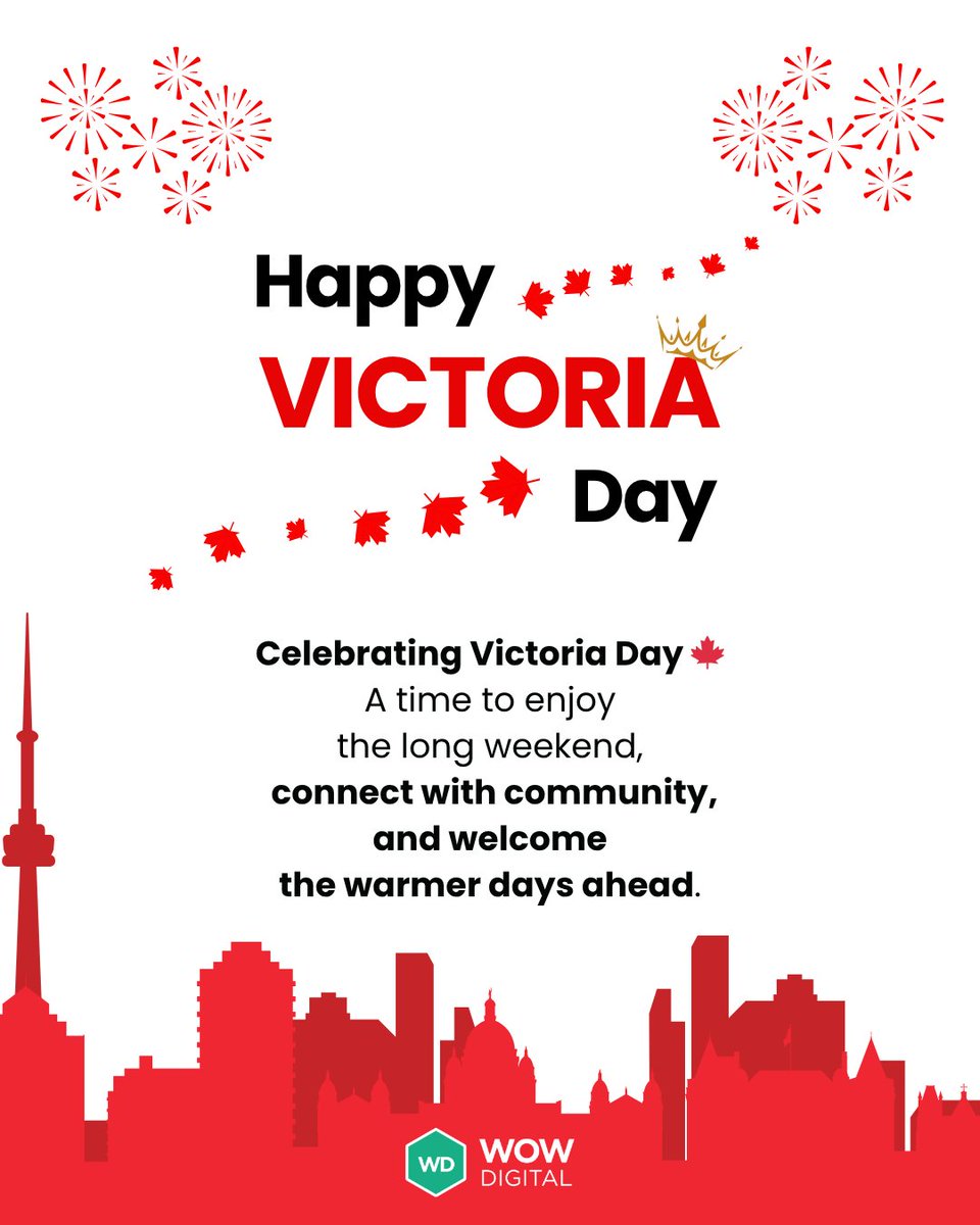 wowdigitalinc's tweet photo. Happy #VictoriaDay!🍁

Whether you’re spending the long weekend outdoors, catching up with loved ones, or simply taking a well-deserved break, we hope you get a chance to recharge and enjoy the start of the warmer season. ☀️

Wishing everyone a safe and relaxing weekend! ✨ https://t.co/rytgWu8LqG