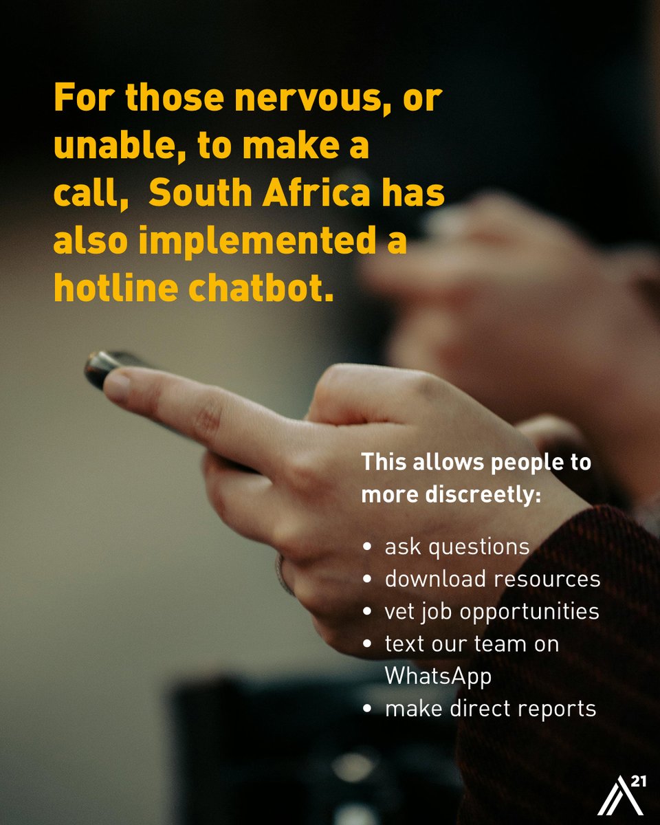 A21's tweet photo. 32,979 calls have been made to our South African Human Trafficking Hotline alone. Thousands of moments where someone decided not to ignore what they were seeing. ☎️

For over 10 years, South Africa’s human trafficking hotline has helped identify victims, support investigations, and expose patterns of exploitation across the country and beyond.

Behind many of those calls was an ordinary person who noticed something felt wrong. A coworker. A community member. A frontline professional. Someone who trusted their instinct long enough to make the call.

That’s what makes hotlines powerful. Not because every caller has all the answers, but because awareness gives people the opportunity to respond before exploitation continues unnoticed. 🧡

Visit https://t.co/alipvCQ8Jv to save the hotline number today. One call could become the reason someone finds freedom.