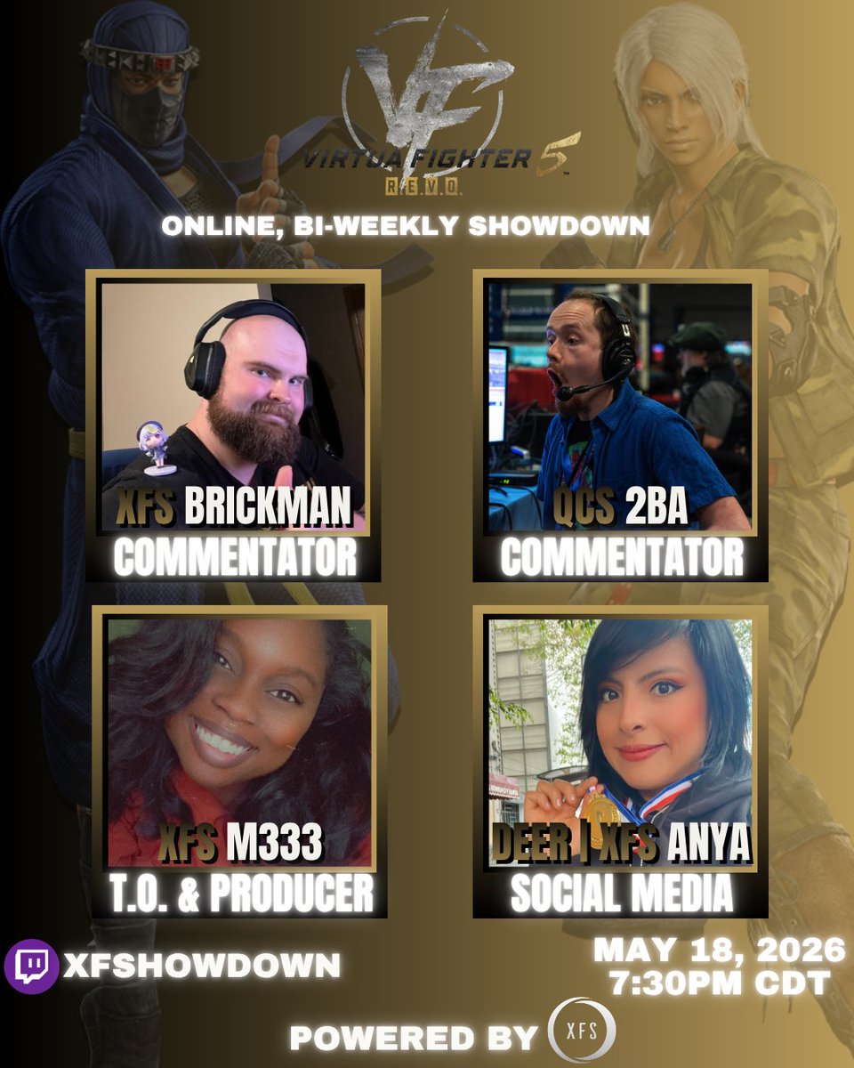xfshowdown's tweet photo. TONIGHT, we're bring back more #VF5REVO action! Meet the Talent &amp; Staff:

🔸Commentary: @mann_brick &amp; @Its_2BA 
🔸Social Media: @Anya_Tekken 
🔸T.O. &amp; Producer: @mee_uhhhhh 

#virtuafighter #virtuafighter5 #PlayMoreVF #xfs #xfshowdown #FGC @VF_SEGA @SEGA https://t.co/74wTCBdiqb