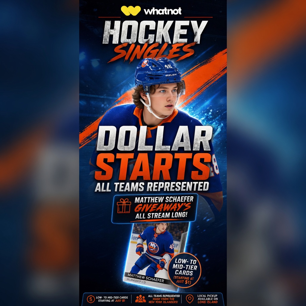 NYIslandersFan's tweet photo. WhatNot Singles stream on 5/29 2PM EST. Local pick up enabled for those near Amityville. Please choose local pickup in your wallet before making a purchase. $1 starts sudden death Low to Mid plenty of Non-Isles but many many Isles :).  Schafer Rookie Card Givy's all stream long.  https://t.co/xaydzHnH0e

#isles