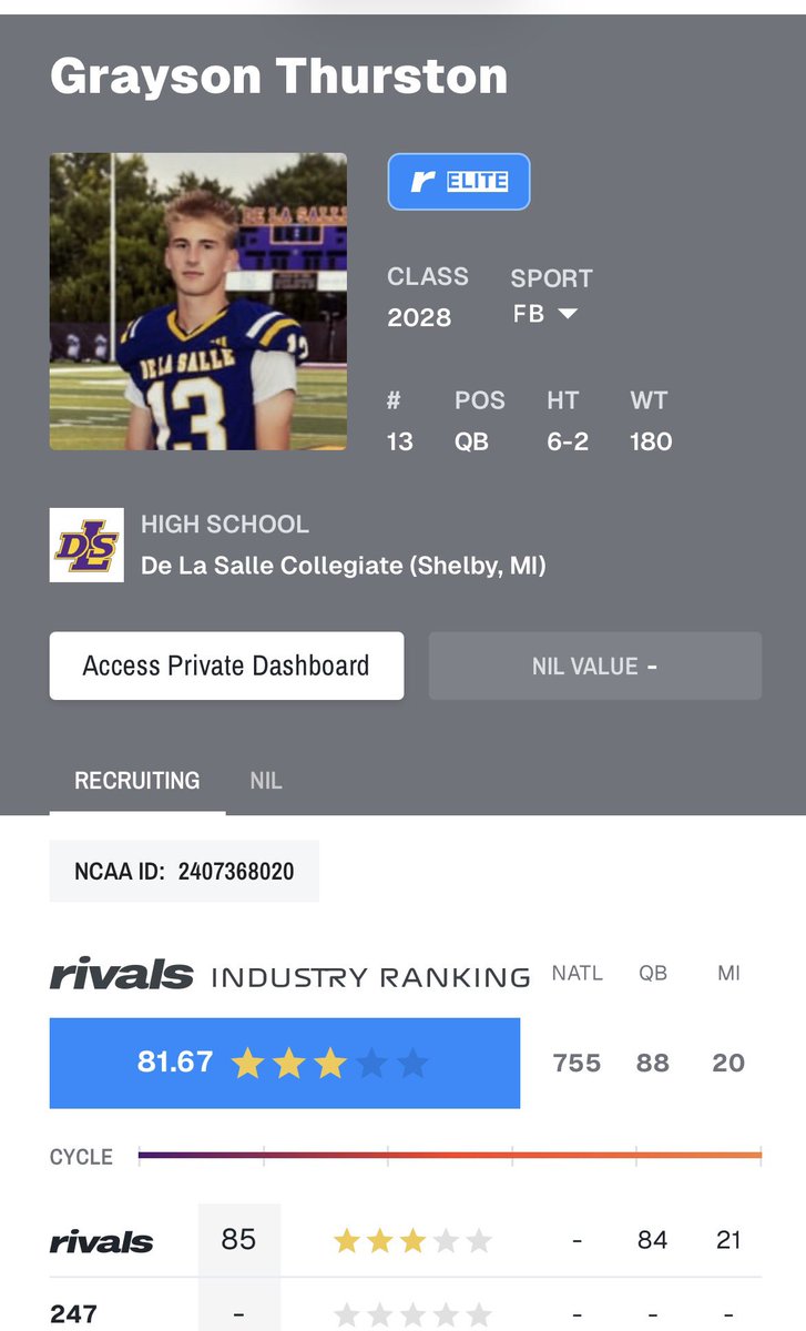 GrayThurston1's tweet photo. Thank you @rivals for the 3 ⭐️ranking. Work won’t stop @DLSFootball_MI @coachrohn @Coach_Sinagoga @AllenTrieu @QBHitList https://t.co/vIGQxq0Nlr