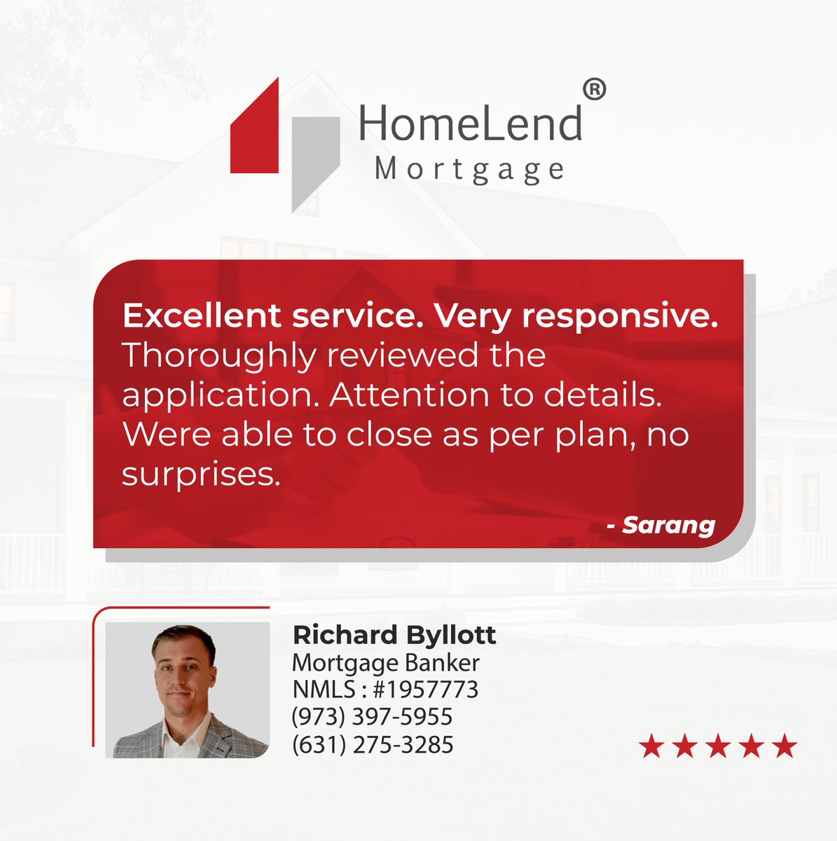 HomeLendMTG's tweet photo. Attention to detail. Responsive support. Smooth closing.

Thank you Sarang for trusting Richard Byllott and HomeLend Mortgage!

https://t.co/BKH8PKBmkW https://t.co/dcXbQ53EFY