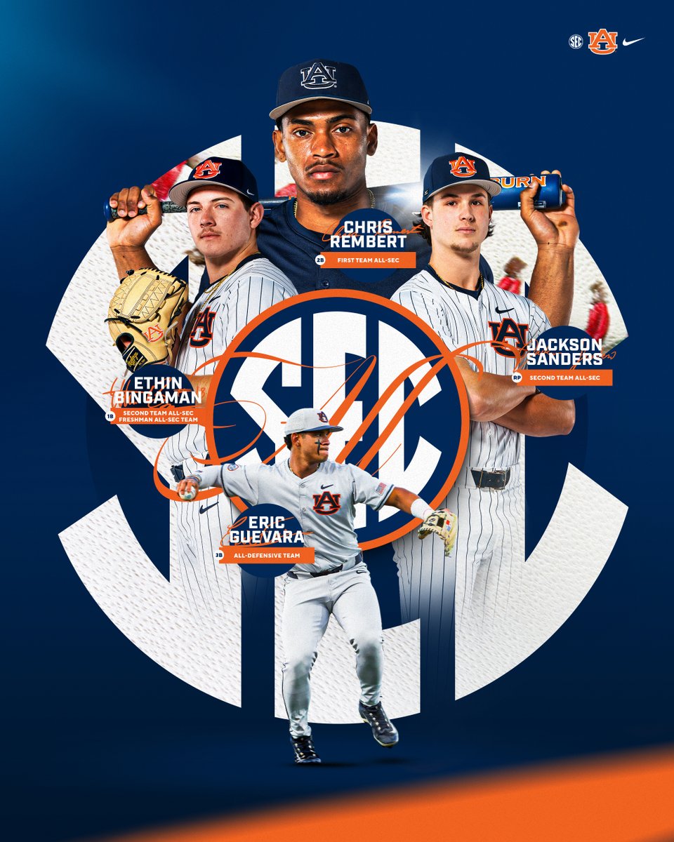 AuburnBaseball's tweet photo. 𝗔𝗹𝗹-𝗦𝗘𝗖 𝗧𝗶𝗴𝗲𝗿𝘀 🏅

First Team: @ChrisRembertt 
Second Team: @BingamanEthin, @jackson8sanders 
Freshman Team: @BingamanEthin 
Defensive Team: @ericguevara04 

📰 » https://t.co/KZPpFHkpUP 

#WarEagle https://t.co/mIRAGeM5CO