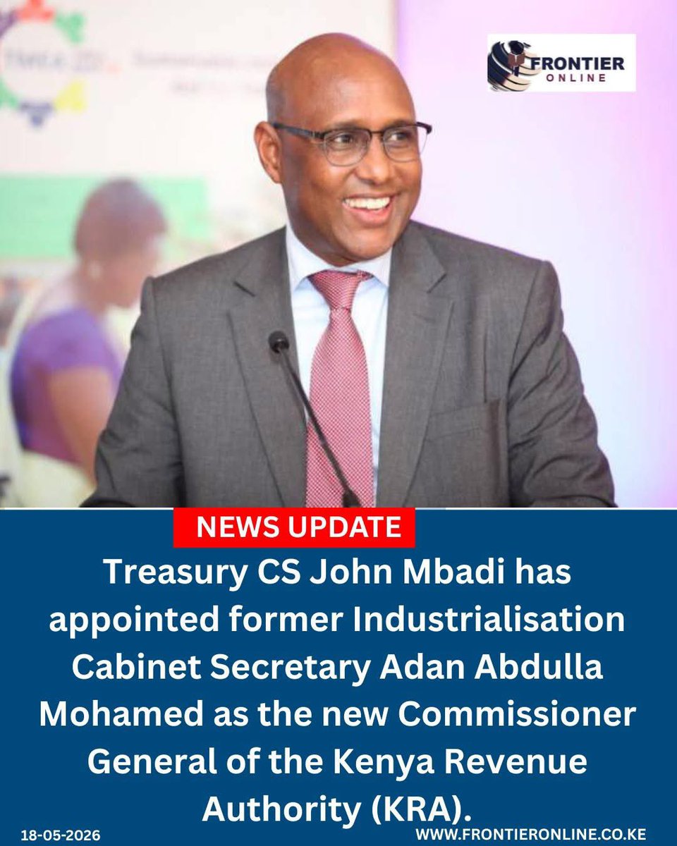 _IsmailMaalim's tweet photo. Thank you, H.E. President Dr. @WilliamsRuto, for appointing Waziri Adan Abdulla Mohamed as Commissioner General of the Kenya Revenue Authority. This appointment is a recognition of merit, leadership and service. Congratulations, Bwana Waziri, on your appointment and best wishes as you lead the institution in strengthening revenue mobilisation, enhancing efficiency and supporting Kenya’s economic transformation agenda.

@AdanMohamedCS  @KRACare