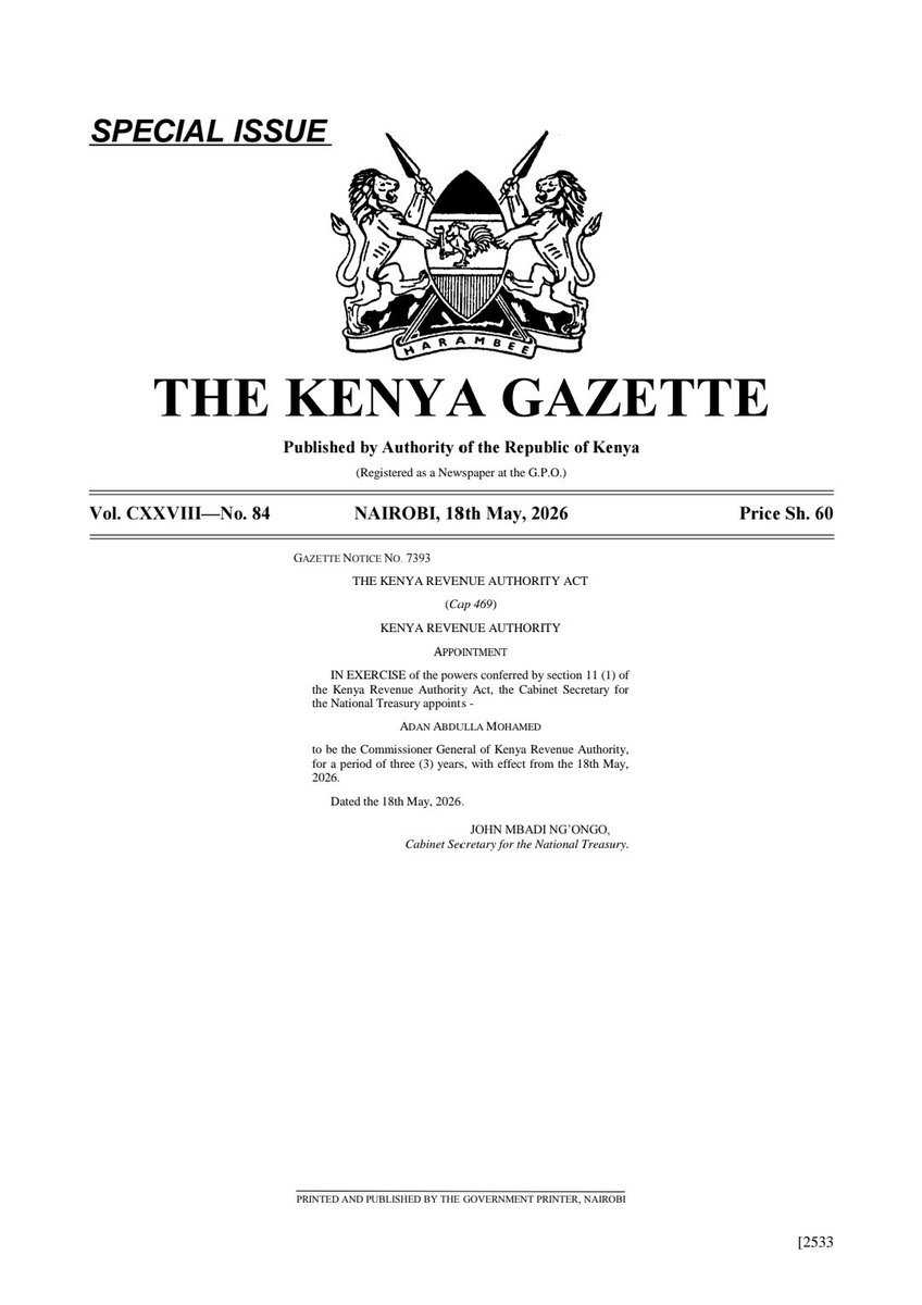 _IsmailMaalim's tweet photo. Thank you, H.E. President Dr. @WilliamsRuto, for appointing Waziri Adan Abdulla Mohamed as Commissioner General of the Kenya Revenue Authority. This appointment is a recognition of merit, leadership and service. Congratulations, Bwana Waziri, on your appointment and best wishes as you lead the institution in strengthening revenue mobilisation, enhancing efficiency and supporting Kenya’s economic transformation agenda.

@AdanMohamedCS  @KRACare