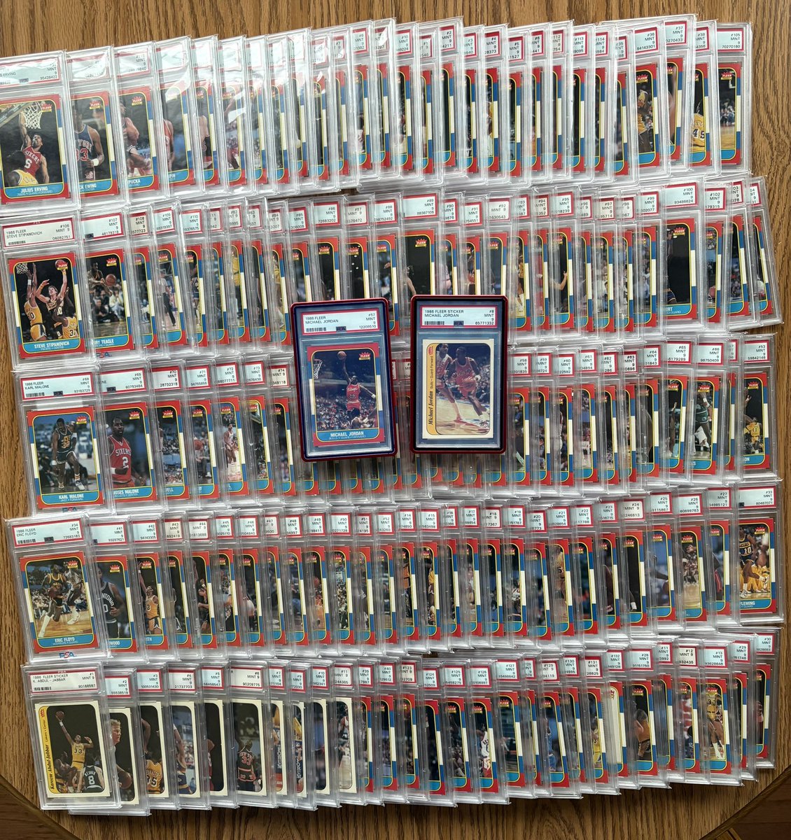 cp_sportscards's tweet photo. 1986 Fleer Basketball Complete Set (w/ Stickers) all in PSA 9’s! What a set to acquire at the Dallas Card Show! https://t.co/g8g6jMc0Ss