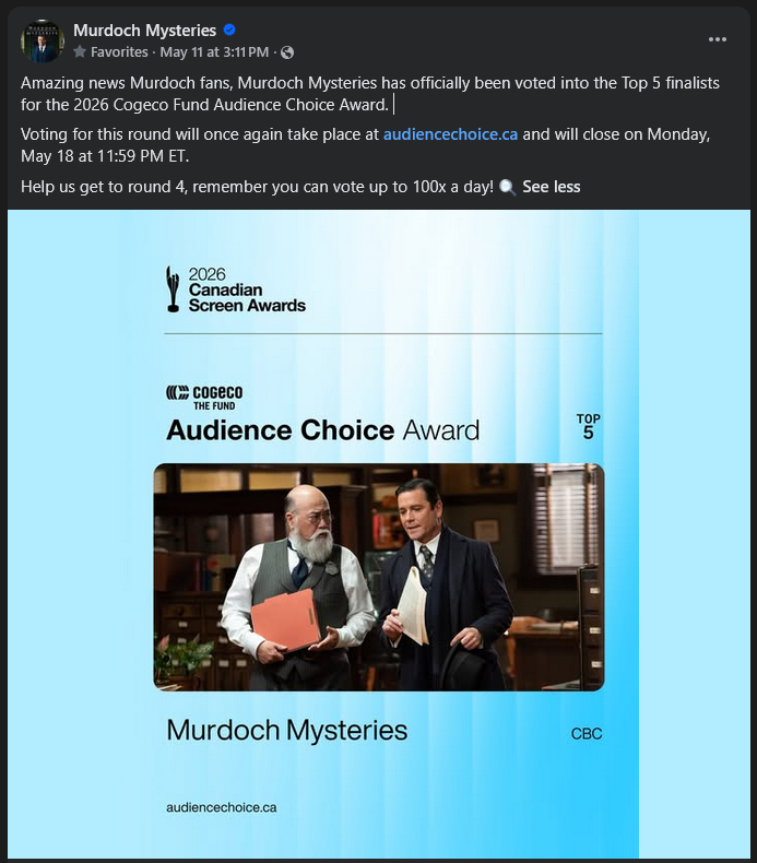 BranNicho's tweet photo. Last day to vote to get Murdoch Mysteries in the Final 3!  All fans can vote no matter where you live! You get 100 votes a day!  --🔗https://t.co/He7W0i4i6F --#MurdochMysteries #YannickBisson #CdnScreenAwards - Sharing CBCMurdoch's FB post on here since they don't Tweet anymore. https://t.co/qbiBQjcsiv