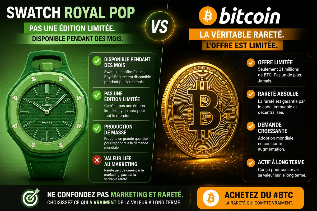 hyjazzz's tweet photo. #Swatch a officiellement annoncé que cette montre restera disponible pendant des mois et qu’il ne s’agit pas d’une édition limitée.
 #bitcoin reste l’un des seuls actifs au monde avec une offre réellement limitée : 21 millions. 

Choisissez bien ce qui est vraiment rare. https://t.co/vIYby1Lgg0