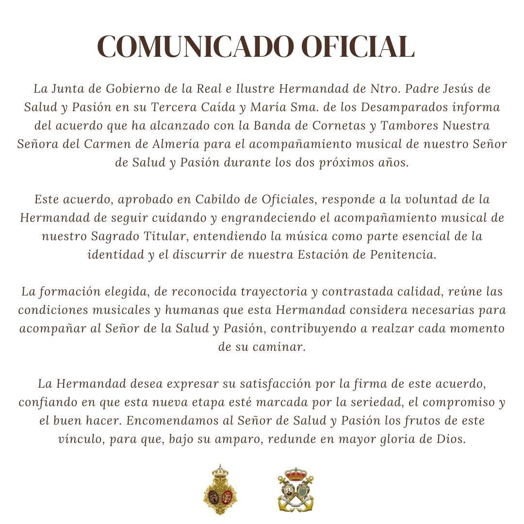 PasionAlmeria's tweet photo. 🟣 NOTICIA | Por la presente, anunciamos el nuevo compromiso firmado con la banda almeriense @bctcarmenalm para los próximos años, poniendo de esta forma en valor el patrimonio musical de nuestra tierra para acompañar a Ntro. Padre de Salud y Pasión

#Almería #SemanaSanta https://t.co/jS1y4EGAB5