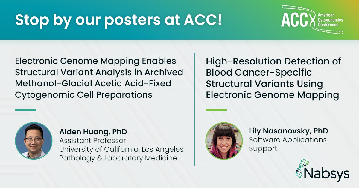 nabsys's tweet photo. Nabsys is proud to be presenting two posters at the American Cytogenomics Conference 🧬:
📍 Electronic Genome Mapping Enables Structural Variant Analysis in Archived Methanol–Glacial Acetic Acid-Fixed Cytogenomic Cell Preparations, presented by Alden Huang, PhD, Assistant Professor at University of California, Los Angeles Pathology & Laboratory Medicine
📍 High-Resolution Detection of Blood Cancer-Specific Structural Variants Using Electronic Genome Mapping, presented by Lily Nasanovsky, PhD, Software Applications Support at Nabsys

We look forward to sharing our latest work in EGM and connecting with the cyto and molecular genetics community. 

#ACC2026 #Cytogenomics #Hememalignancies #EGM
