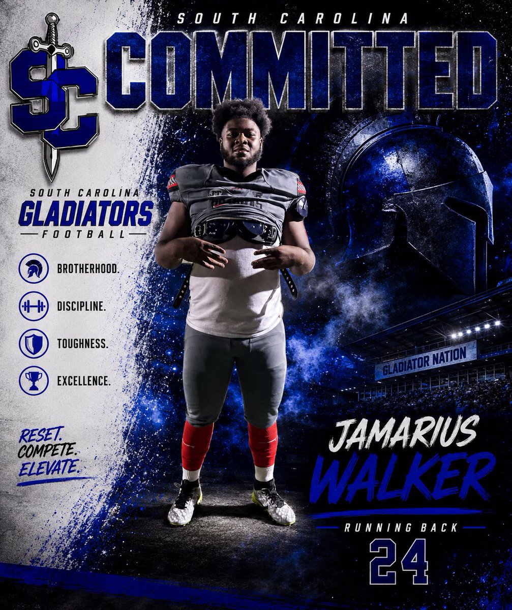 WhoDidJADid's tweet photo. COMMITTED. 💙⚔️
After a lot of hard work and prayers, I’m blessed to announce my commitment to South Carolina Gladiators Football. Ready to work, compete, and elevate.

@CoachRCSmith @CoachPeteS4C 

#Committed #AGTG #RB #JucoFootball #RecruitMe https://t.co/bdA9eEemZC