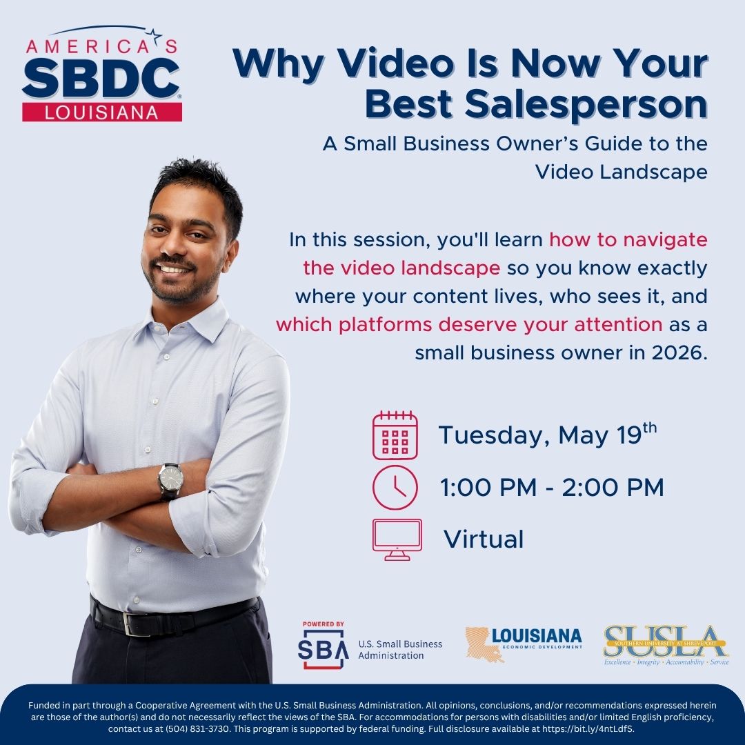 LSBDC's tweet photo. 📹 Video isn't just content anymore — it's how customers find businesses they never knew to search for.

Join us Tuesday, May 19th from 1–2 PM (Virtual) for Why Video Is Now Your Best Salesperson.

Register here 👉 https://t.co/xBYQ8xVCvc https://t.co/jQKE6H5hZb