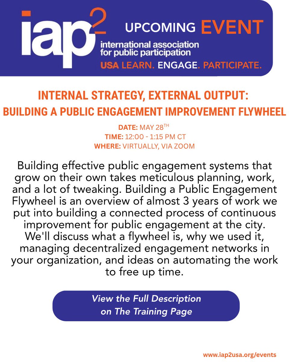 IAP2USA's tweet photo. Join us May 28 for Building a Public Engagement Flywheel and learn how to create systems that improve and sustain public engagement over time. Explore decentralized networks, continuous improvement, and automation in practice.

Register: https://t.co/27wcbG4eNa https://t.co/vP4rtslqQO