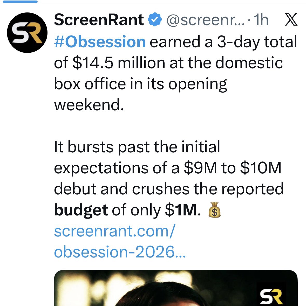 Mark_Hobin's tweet photo. @FilmUpdates Each new report makes its success even more amazing: the opening weekend keeps going up while the reported budget keeps going down. Happy to see a little film like this break through. https://t.co/cJNu3yLHUb