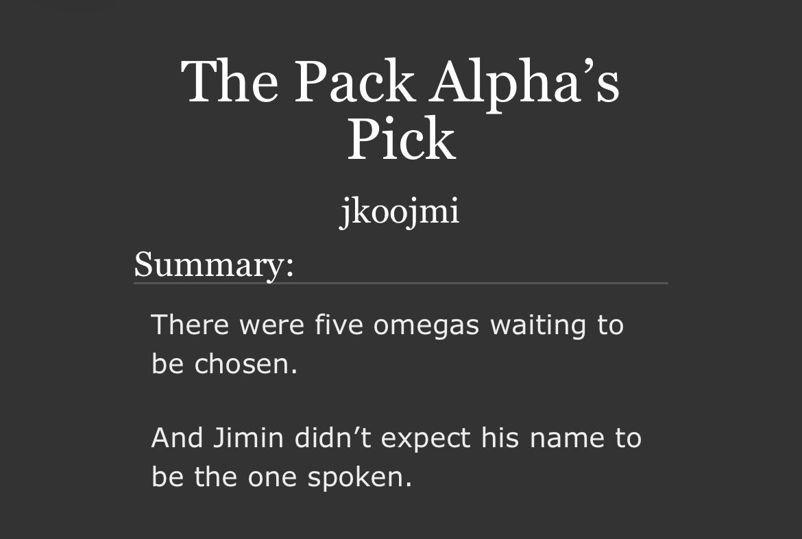 jkoojmi's tweet photo. the pack alpha’s pick — #jikookau 

⭑ a! jungkook o! jimin
⭑ traditional a/b/o, pack dynamic
⭑ chapter 10/10
⭑ ~30k words
⭑ read tags! 

⭑ link: https://t.co/R92jibbH8i https://t.co/kFPuCInaMj