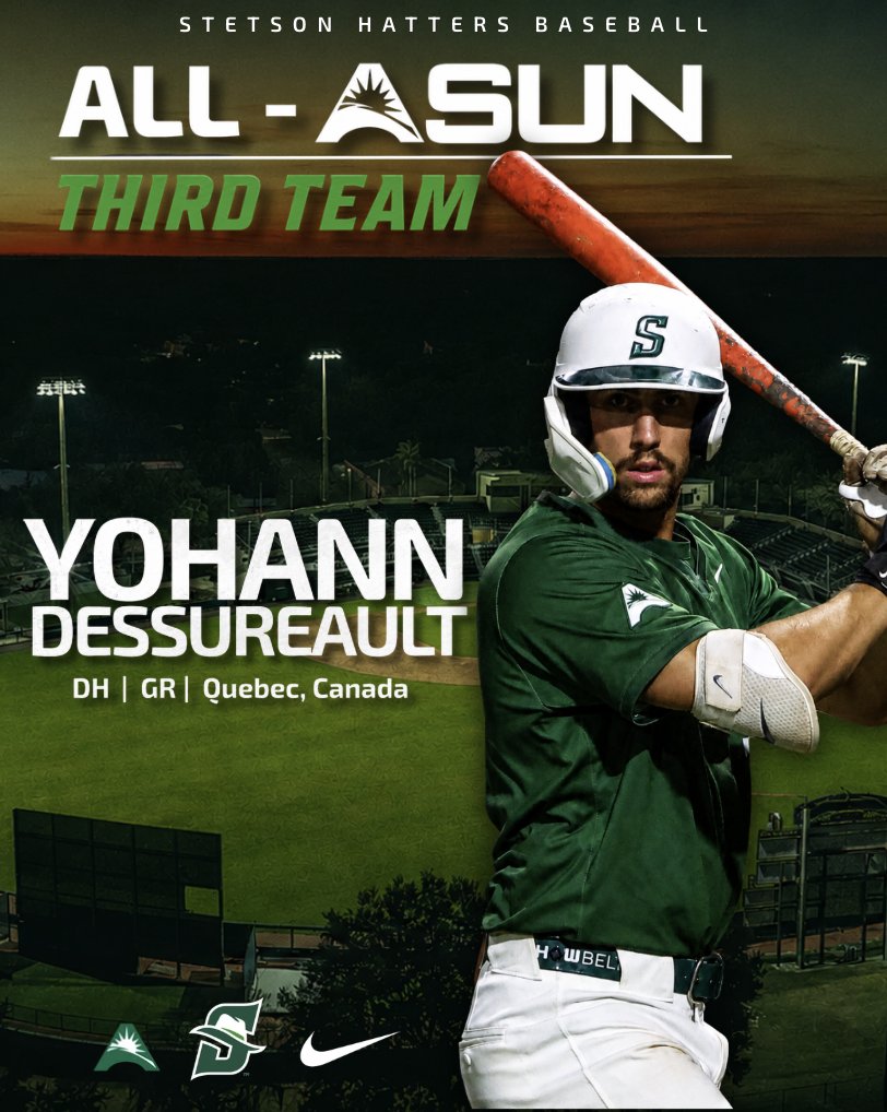 StetsonBaseball's tweet photo. 𝗗𝗲𝘀𝘀𝘂𝗿𝗲𝗮𝘂𝗹𝘁 𝗱𝗶𝗱 𝗱𝗮𝗺𝗮𝗴𝗲 𝗮𝗹𝗹 𝘀𝗲𝗮𝘀𝗼𝗻 𝗹𝗼𝗻𝗴. 💥

Third Team All-ASUN honors for Yohann Dessureault!

#GoHatters | #DefendDeLand | @StetsonHatters https://t.co/GULYvx8BQK
