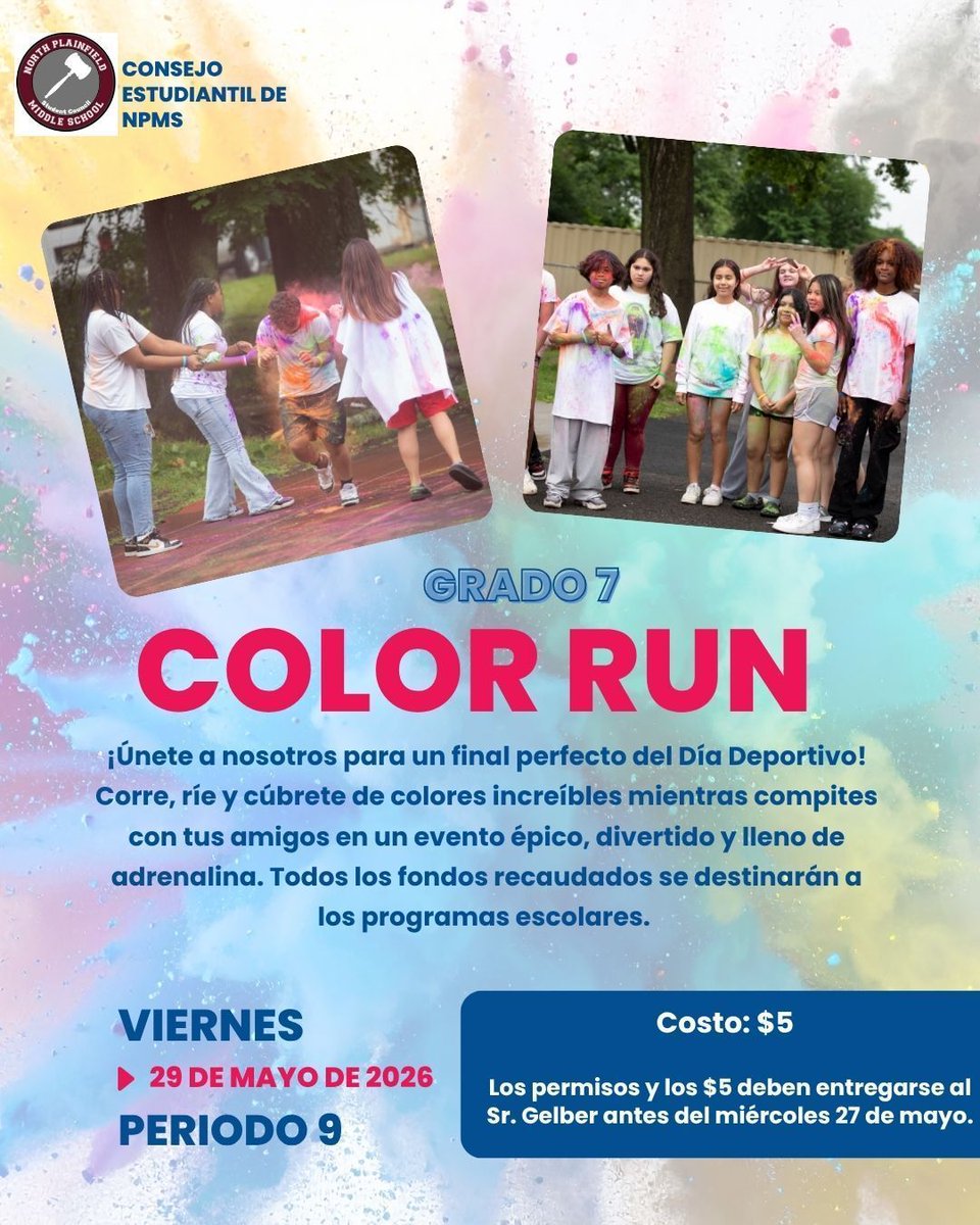 NPSD_MS's tweet photo. Calling All 7th Graders: Our Color Run is just for you! Spend the last period of Field Day with your friends and a splash of color. Permission slips are available across from Room 204. https://t.co/dr6lD4TG1f