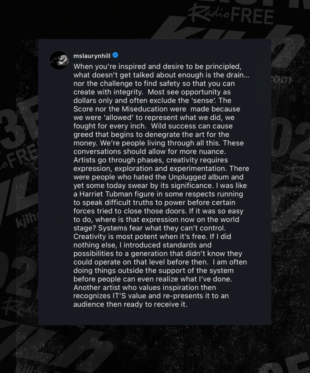 RadioFreeKJLH's tweet photo. #RadioFreeMusic Lauryn Hill is speaking out about her absence from the music industry. #Swipe for more on her full response. #RadioFreeKJLH #WeAreYou https://t.co/cpYhrgIEI4