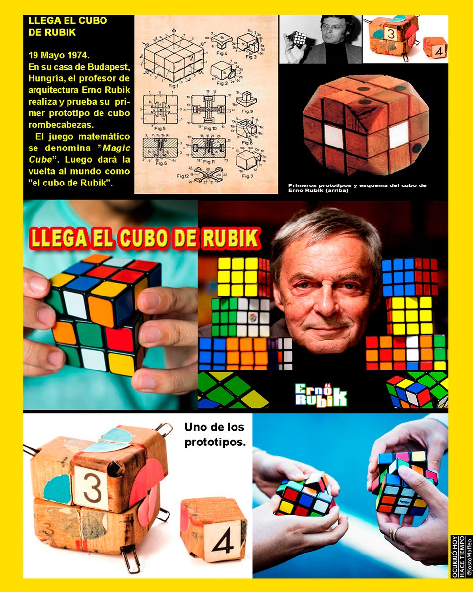 JostoMaffeo's tweet photo. 🤔⁉️ LLEGA EL CUBO DE RUBIK 

19 Mayo 1974. En su casa de #Budapest, #Hungría, el profesor de #arquitectura Erno #Rubik realiza y prueba su primer #cubo rombecabezas. 
 El juego matemático se denomina inicialmente #MagicCube. Luego dará la vuelta al mundo como "el cubo de Rubik". https://t.co/R2FcQRnHMg