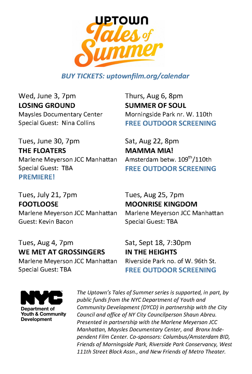 cabidnyc's tweet photo. @uptownfilmnyc's summer pop-up series, Tales of Summer, starts 6/3. This series includes 3 FREE screenings, make sure to catch Mamma Mia! at our Open Streets on 8/22. The screenings at the JCC are currently discounted, get $2 off your tickets by using code uptown26 at checkout. https://t.co/FXgsvQ1uMm