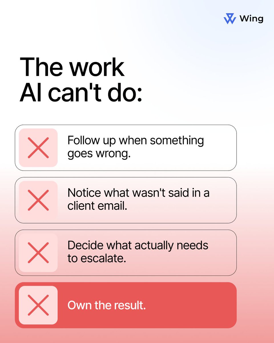 WingAssistant's tweet photo. AI drafts. AI summarizes. AI automates.

AI doesn't follow up when something goes wrong. Doesn't notice what wasn't said. Doesn't own the result.

That's still a human job.

Wing Virtual Assistants handle the accountability layer AI can't.
 👉https://t.co/h0cyPC2kPt https://t.co/l7BkN5ZwLm