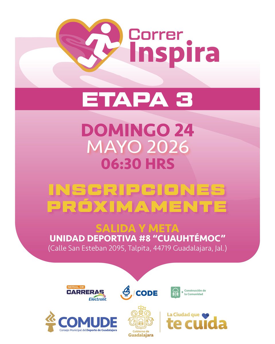 comudegdl's tweet photo. 🏃‍♀️🏃‍♂️🔥 ¡Amigas y amigos runners, prepárense porque la tercera etapa del Serial de Carreras Electrolit 2026 ya viene con toda la energía! 💖⚡️  

#CorrerInspira volverá a llenar Guadalajara de emoción, pasión por correr y kilómetros con causa. 🙌✨ https://t.co/5CawR8pUmg