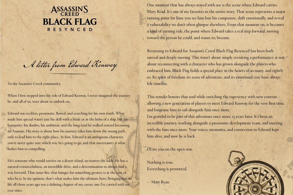 Gremio_Sombras's tweet photo. 🏴☠️ Matt Ryan compartió una carta especial dedicada a la comunidad de Assassin’s Creed, recordando su experiencia interpretando a Edward Kenway. ❤️ Un mensaje cargado de nostalgia para los fans de una de las entregas más queridas de la saga.
#EdwardKenway #MattRyan #Ubisoft https://t.co/JCyZUx51ND