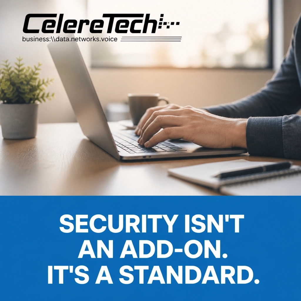 CelereTech's tweet photo. Is cybersecurity an "extra" at your office? It shouldn't be. We include malware, virus, and ransomware protection as a core service: not a pricey add-on. Get professional security and predictable costs in one flat rate. 

#CyberSecurity #ManagedIT #CelereTech #TechTips https://t.co/bYxtEXW93c