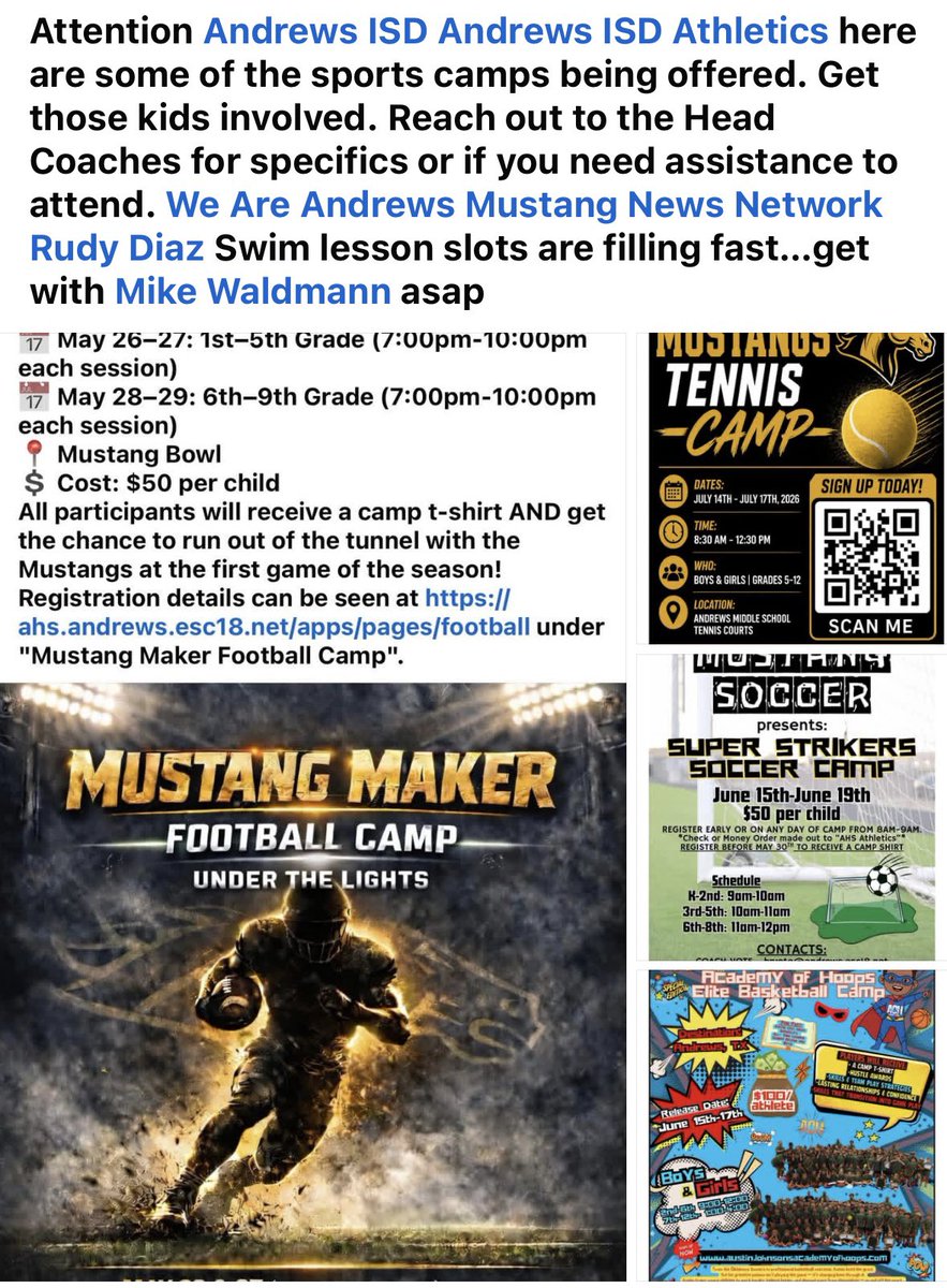AndrewsMustangs's tweet photo. Here are some of the AHS Sport Camp opportunities! Get those kids involved! @Andrews_ISD @MusangsNetwork @AHSmustangs_ATP @Anewsconnection @Mustangpigskin @JaimeBoswell2 @CoachSmiley42 @coachballard34 https://t.co/NeWjlZMiYE