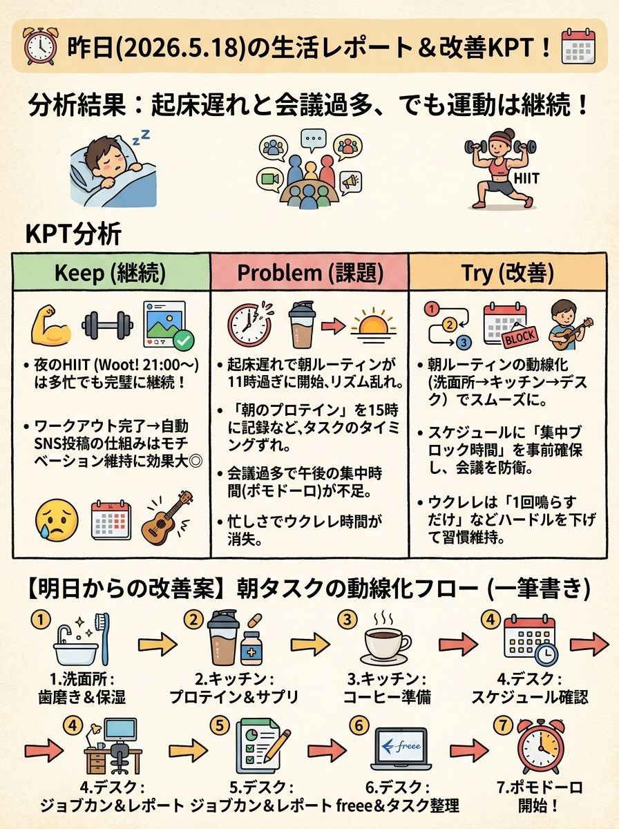 suz_lab_hiro's tweet photo. #AI生成 @suz_lab_inc
📅昨日の生活レポート＆KPT分析📝
　⭕[Keep] 夜のHIITは完璧に継続💪
　🔺[Problem] 起床遅れと会議過多で乱調💦
　🎯[Try] 朝タスクを場所順に「動線化」🚶‍♂️
ブロック時間を確保して今日も進めます🚀詳細👇
https://t.co/WKEpq0PMSO https://t.co/8URgwptZqI