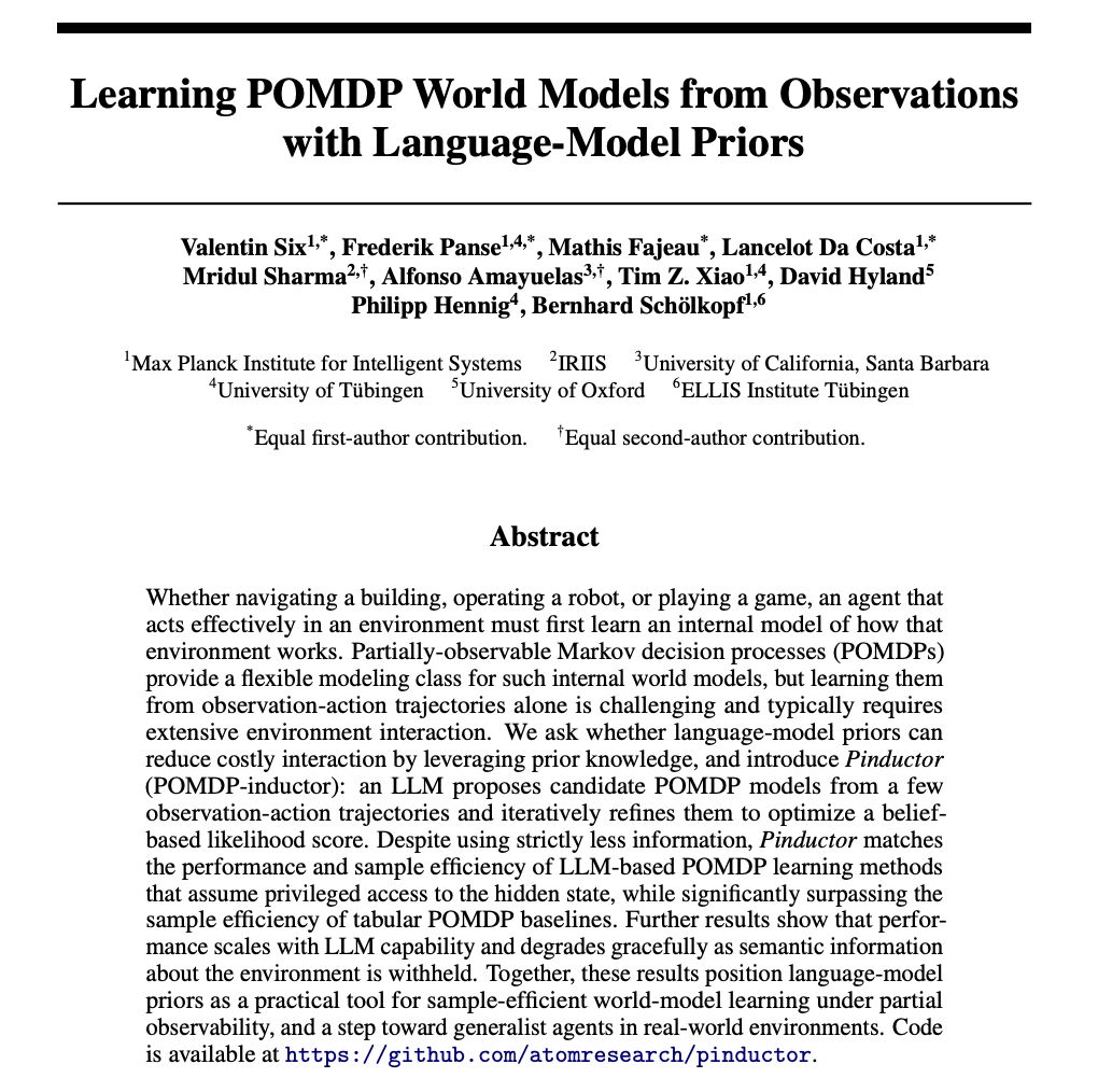 mriiidullll's tweet photo. 🧵1/7

Ever tried building a world model for a partially observable environment from just raw observations? It's tough - but what if LLMs could help?

We explore this question in our latest preprint: 'Learning POMDP World Models from Observations Using Language-Model Priors.' https://t.co/lDMQm2qBc4