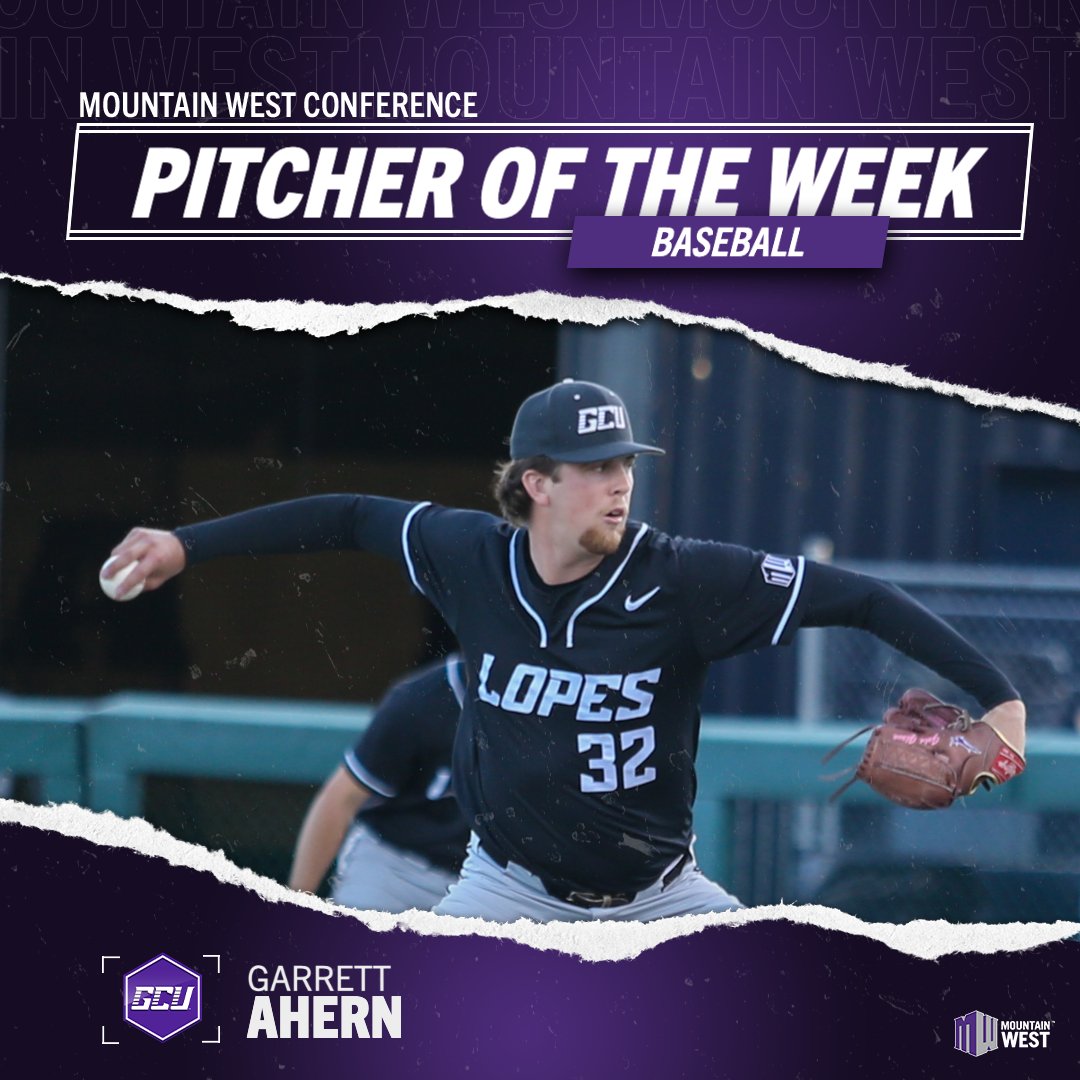 MountainWest's tweet photo. 𝙋𝙞𝙩𝙘𝙝𝙚𝙧 𝙤𝙛 𝙩𝙝𝙚 𝙒𝙚𝙚𝙠 ➡️ 𝙂𝙖𝙧𝙧𝙚𝙩𝙩 𝘼𝙝𝙚𝙧𝙣

Ahern threw six scoreless innings across one relief outing. He earned the win on the mound over Nevada on Saturday. He scattered four hits and one walk, while striking out six batters. 
#MWBSB | #LopesUp https://t.co/CxeM1biHhS