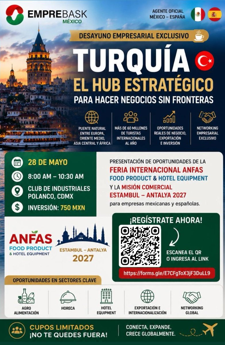 Emprebaskmexico's tweet photo. 🇹🇷🌍 Turquía te espera.
Conoce nuevas oportunidades de negocio en agroalimentos, hotel equipment y horeca junto a Emprebask México. ✈️
📅 28 de mayo | 📍 CDMX
#Turquía #NegociosInternacionales #EmprebaskMéxico #anfas
Registrate en el siguiente link:
https://t.co/c0ZBFgd42n https://t.co/YpZk0ydgli